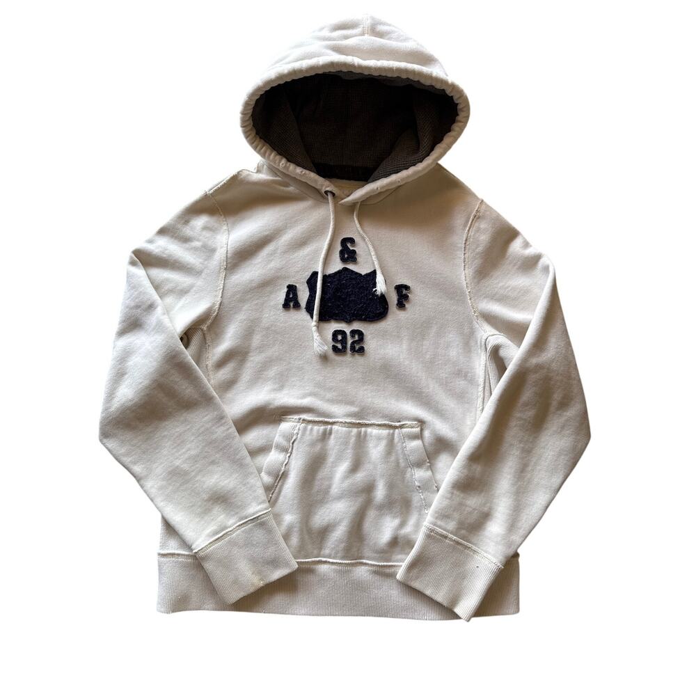 Abercrombie & Fitch Cream Wht Raw Hem Reverse Weave Felt Patched Logo XXL Hoodie